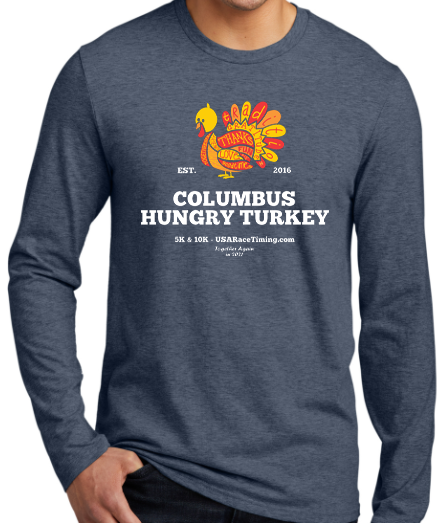 Columbus Hungry Turkey Trot Shirt Design Long Sleeve Heathered Navy Super Soft Ringspun Cotton Poly Blend 5k 10k and Kids Run